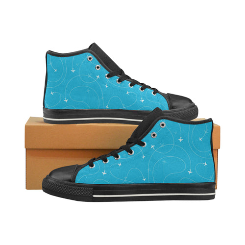 Airplane destinations blue background Men's High Top Canvas Shoes Black