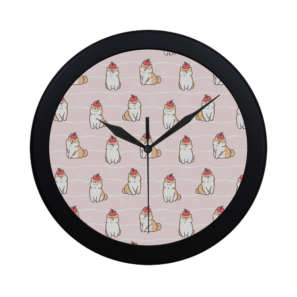 Cute Shiba Inu Dog Apple pattern Elegant Black Wall Clock