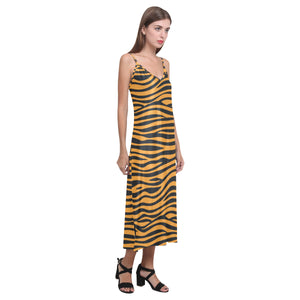 Bengal tigers skin print pattern background V-Neck Open Fork Long Dress