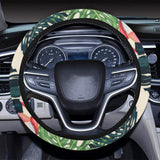 heliconia flowers, palm and monstera leaves Car Steering Wheel Cover