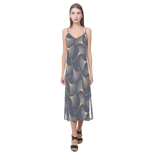 Gold ginkgo leaves V-Neck Open Fork Long Dress