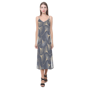 Gold ginkgo leaves V-Neck Open Fork Long Dress