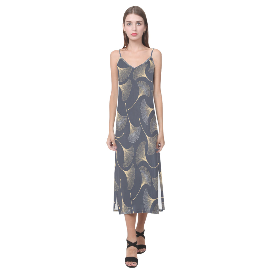 Gold ginkgo leaves V-Neck Open Fork Long Dress