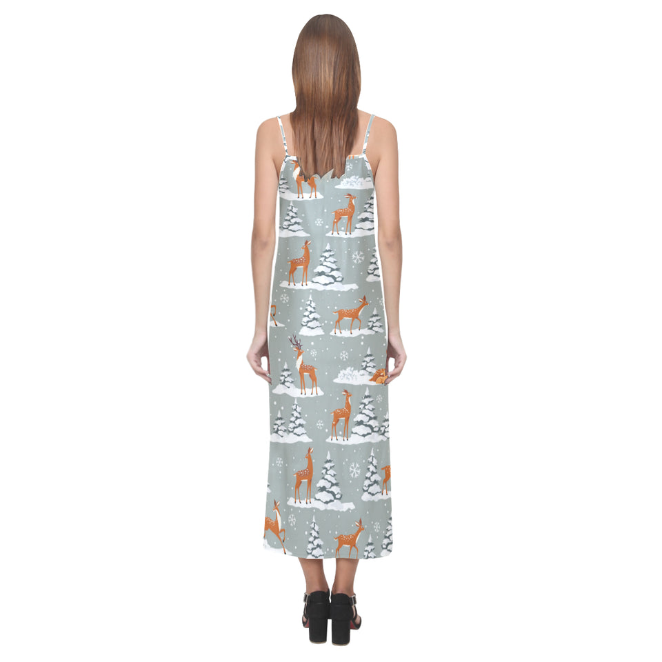 Beautiful deers Winter Christmas V-Neck Open Fork Long Dress