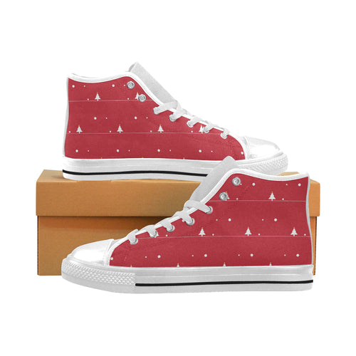 Christmas tree star snow red background Men's High Top Canvas Shoes White