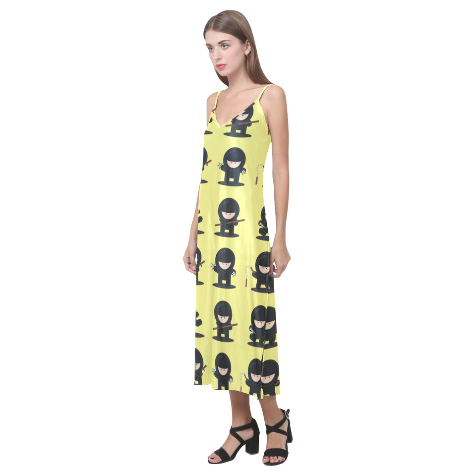 Cute ninja yellow background V-Neck Open Fork Long Dress
