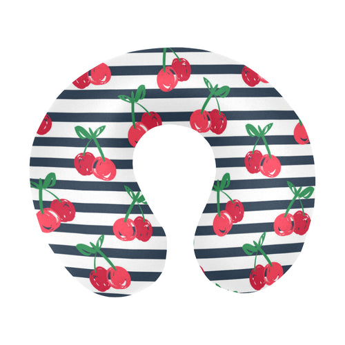 Hand drawn cherry pattern striped background U-Shaped Travel Neck Pillow