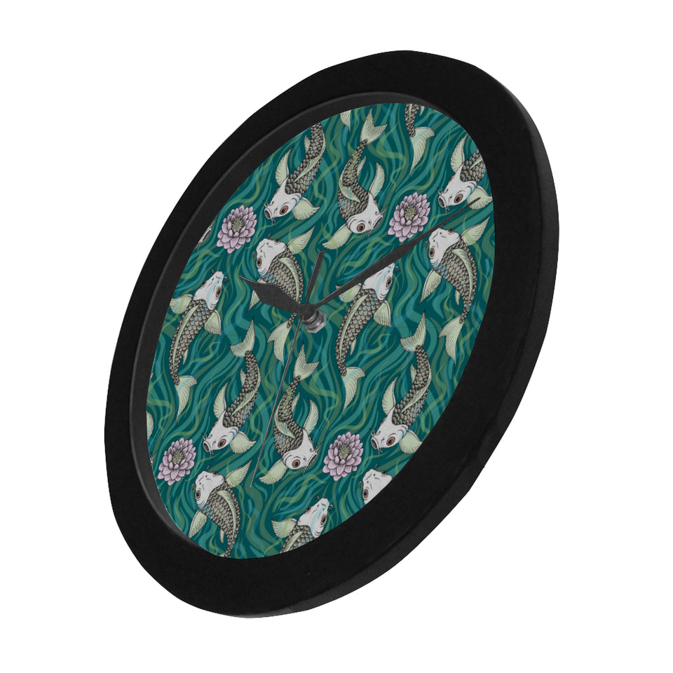 Koi Fish Carp Fish lotus pattern Elegant Black Wall Clock