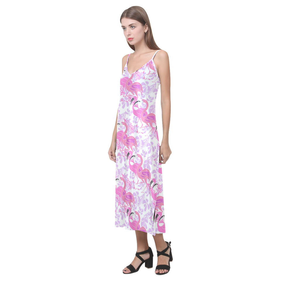 Pink flamingo flower pattern V-Neck Open Fork Long Dress