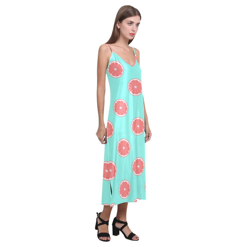 Grapefruit green background V-Neck Open Fork Long Dress