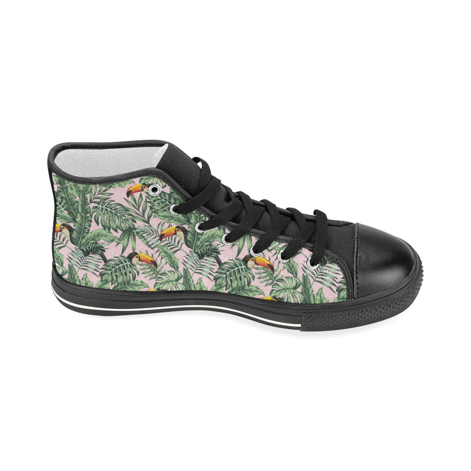 Toucan tropical green jungle palm pattern Women's High Top Canvas Shoes Black