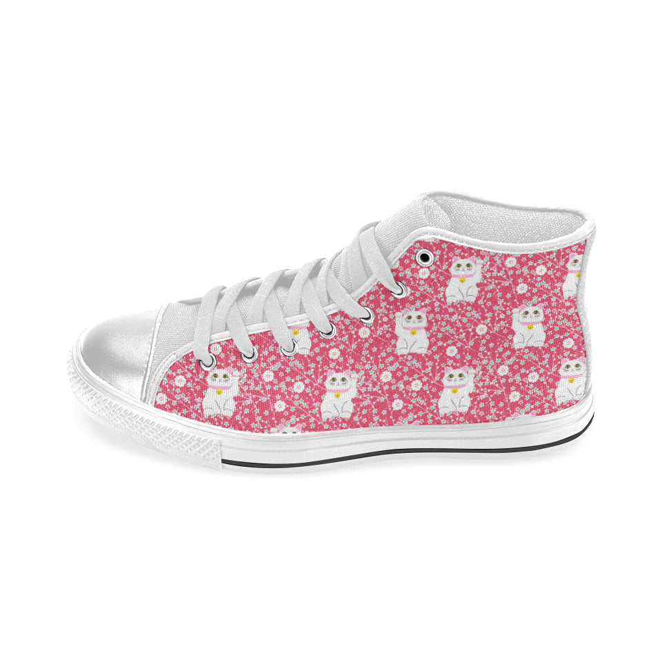 Maneki neko cat sakura pink background Women's High Top Canvas Shoes White