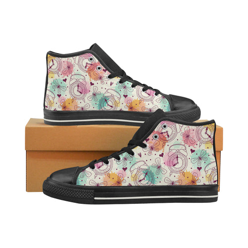 Clock butterfly pattern Women's High Top Canvas Shoes Black