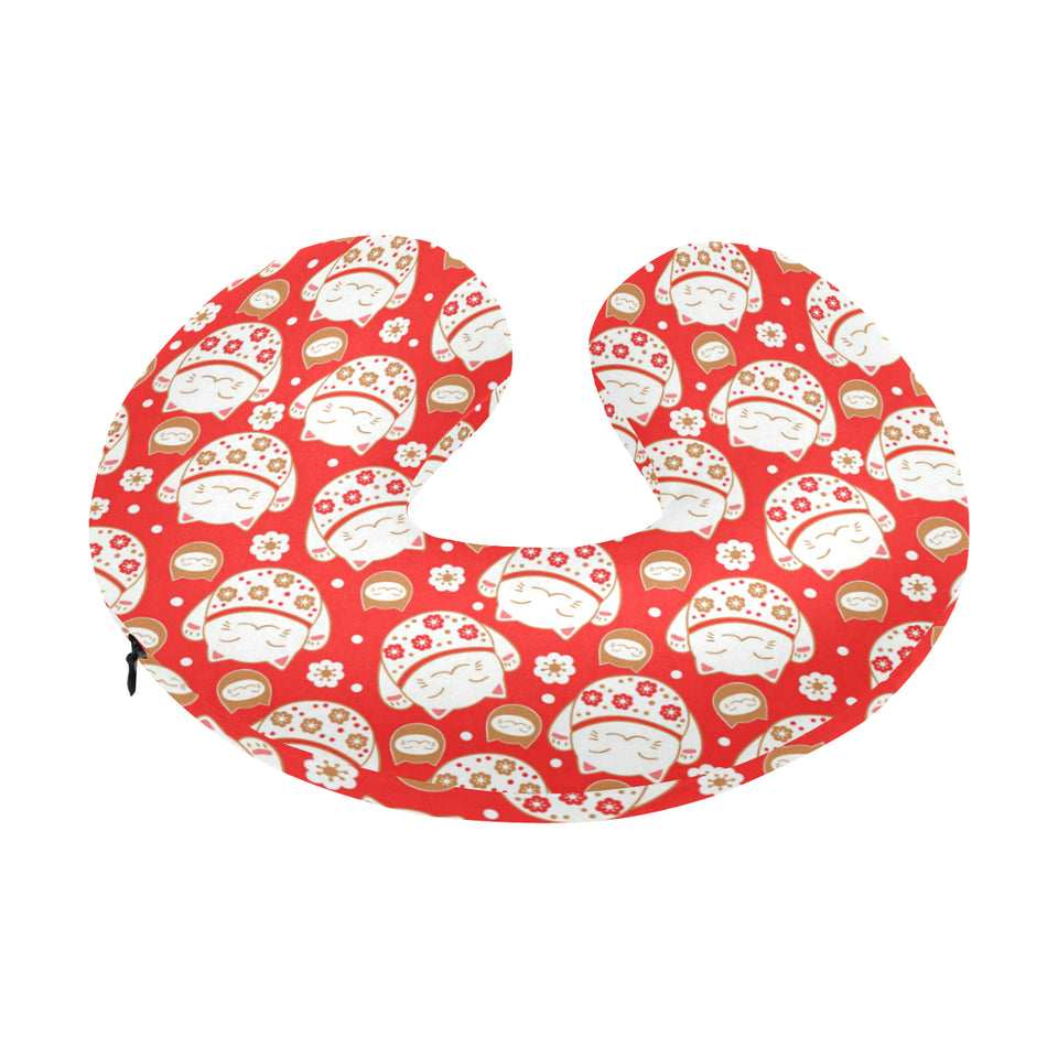 Cute Maneki neko cat red background U-Shaped Travel Neck Pillow