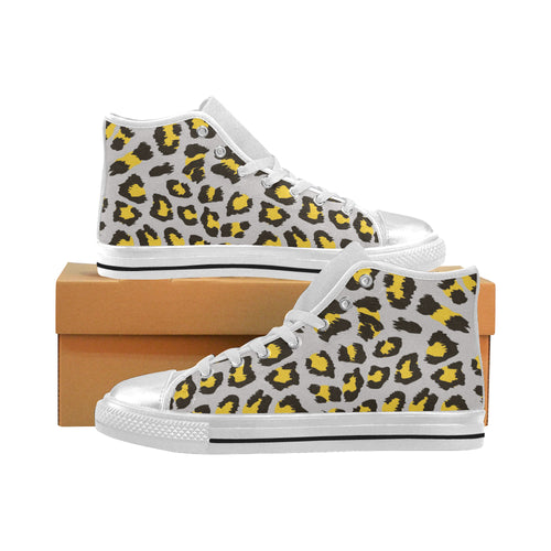Gray Leopard print pattern Women's High Top Canvas Shoes White