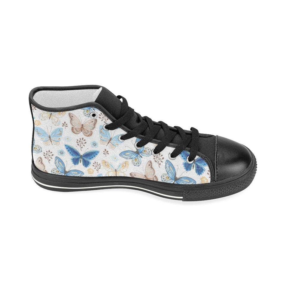 blue butterfly pattern Women's High Top Canvas Canvas Shoes Black