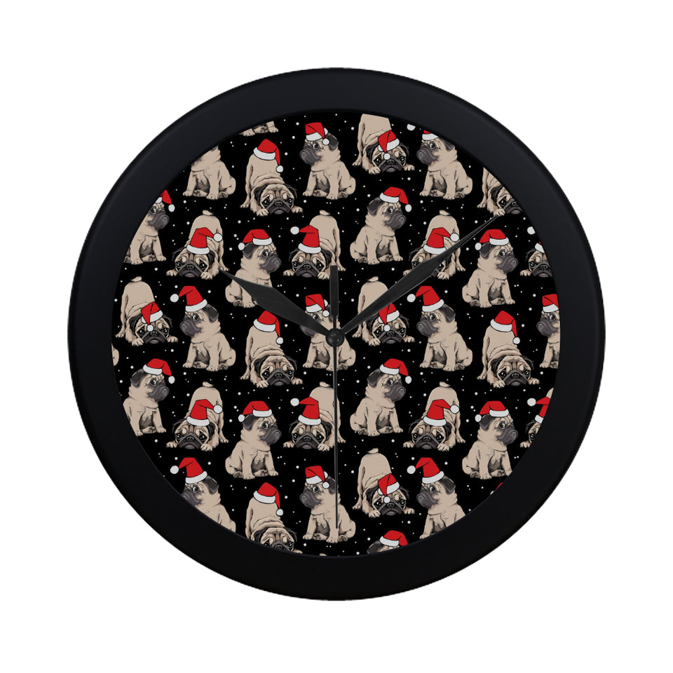 Christmas Pugs Santa_s red cap pattern Elegant Black Wall Clock