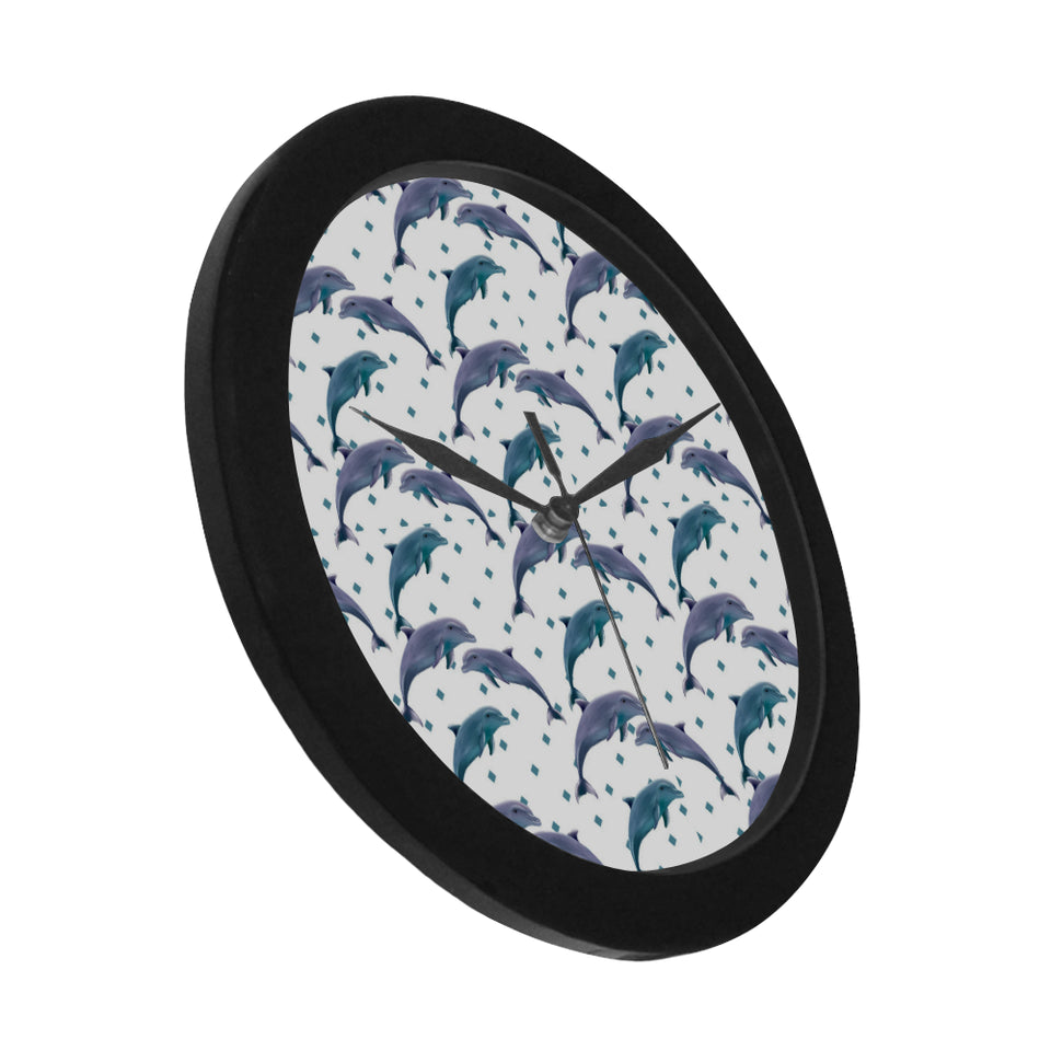 Dolphins pattern dotted background Elegant Black Wall Clock