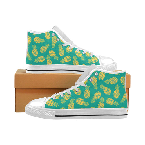 Pineapples pattern green background Men's High Top Canvas Canvas Shoes White