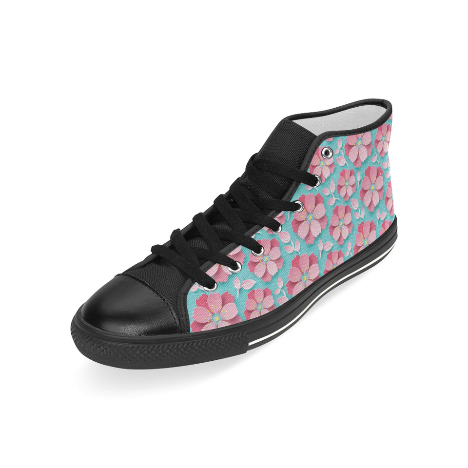 3D sakura cherry blossom pattern Men's High Top Canvas Shoes Black