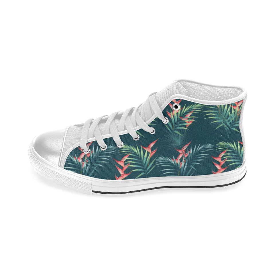 heliconia flowers, palm and monstera leaves on bla Women's High Top Canvas Shoes White