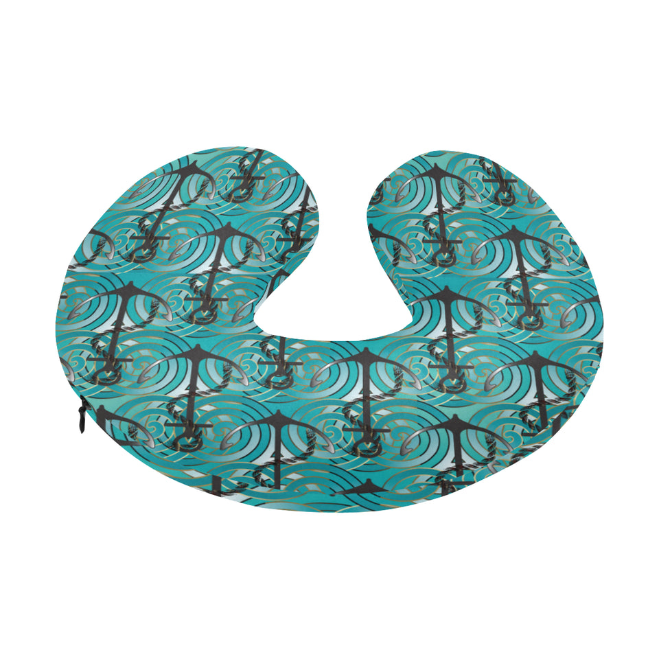 Anchor nautical green background U-Shaped Travel Neck Pillow