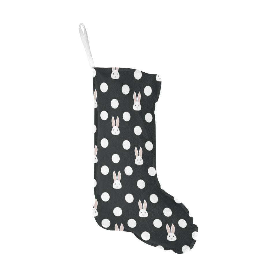 Cute white rabbit polka dots black background Christmas Stocking