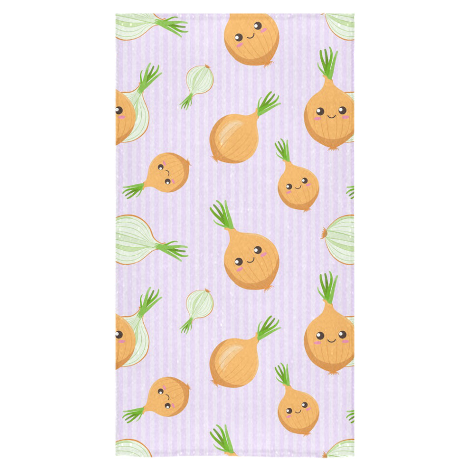 cute onions smiling faces purple background Bath Towel