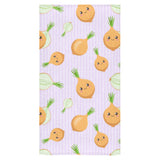 cute onions smiling faces purple background Bath Towel