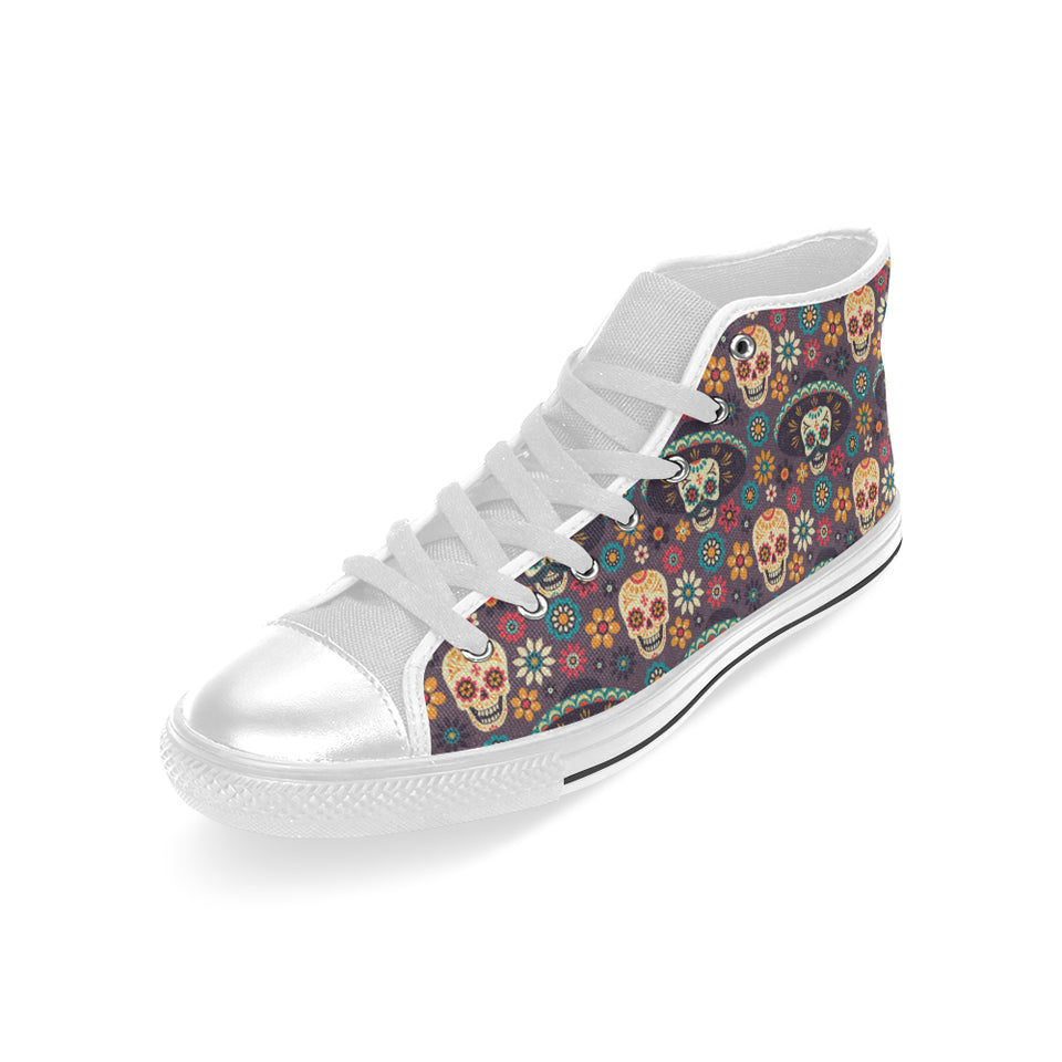 Sugar skulls flower maxican pattern Men's High Top Canvas Shoes White