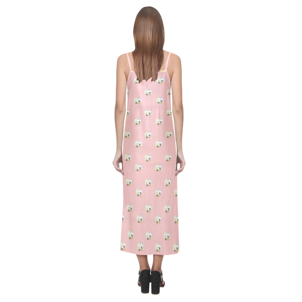 Cute hamster cheese pattern pink background V-Neck Open Fork Long Dress