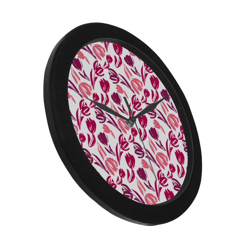 pink sketch tulip pattern Elegant Black Wall Clock