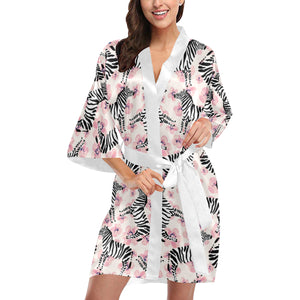 Zebra pink flower background Women's Short Kimono Robe