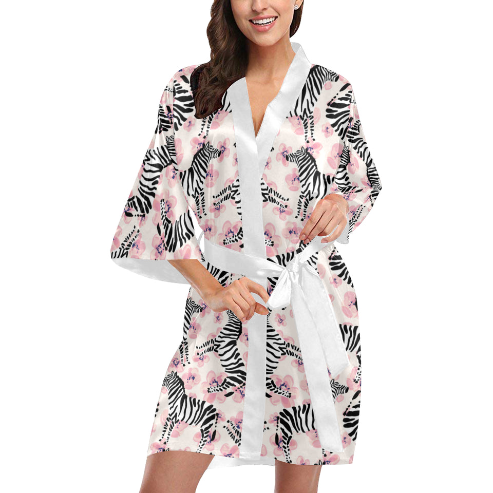 Zebra pink flower background Women's Short Kimono Robe