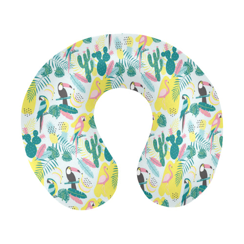 Cute parrot toucan flamingo cactus exotic leaves p U-Shaped Travel Neck Pillow