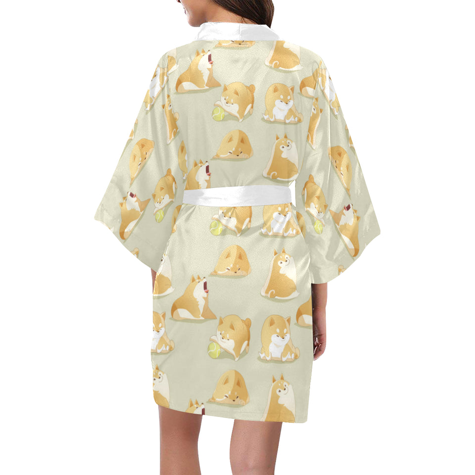 Cute fat shiba inu dog pattern Women's Short Kimono Robe