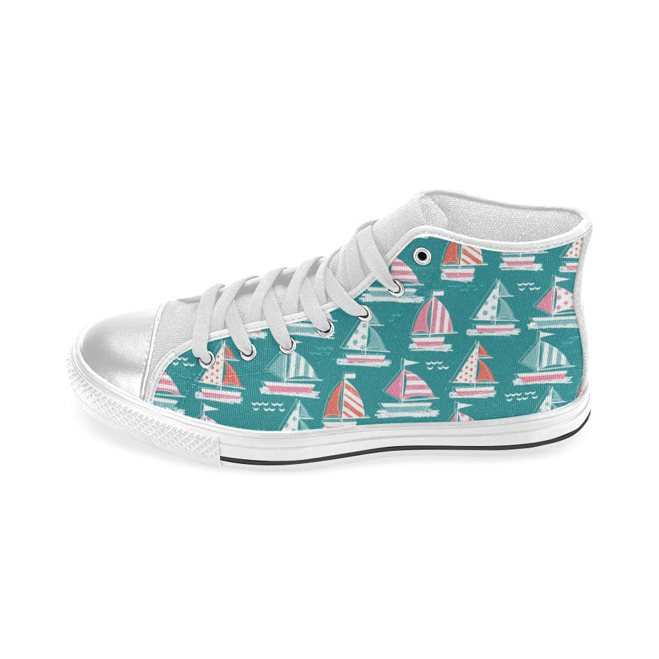 Cute sailboat pattern Women's High Top Canvas Shoes White