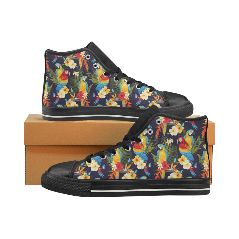 Colorful parrot flower pattern Women's High Top Canvas Canvas Shoes Black