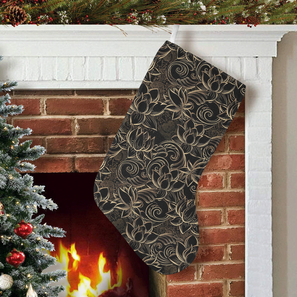 luxurious gold lotus waterlily black background Christmas Stocking