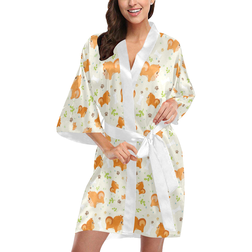 Cute brown pomeranian paw leave bone pattern Women's Short Kimono Robe