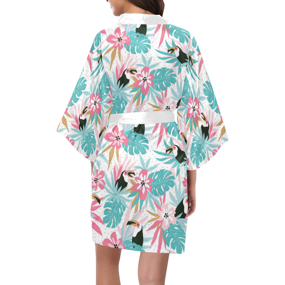 Toucan tropical flower leave pattern Women's Short Kimono Robe