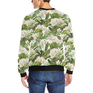 White orchid flower tropical leaves pattern Men's Crew Neck Sweatshirt