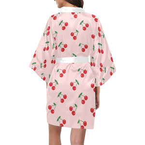 cherry pattern pink background Women's Short Kimono Robe