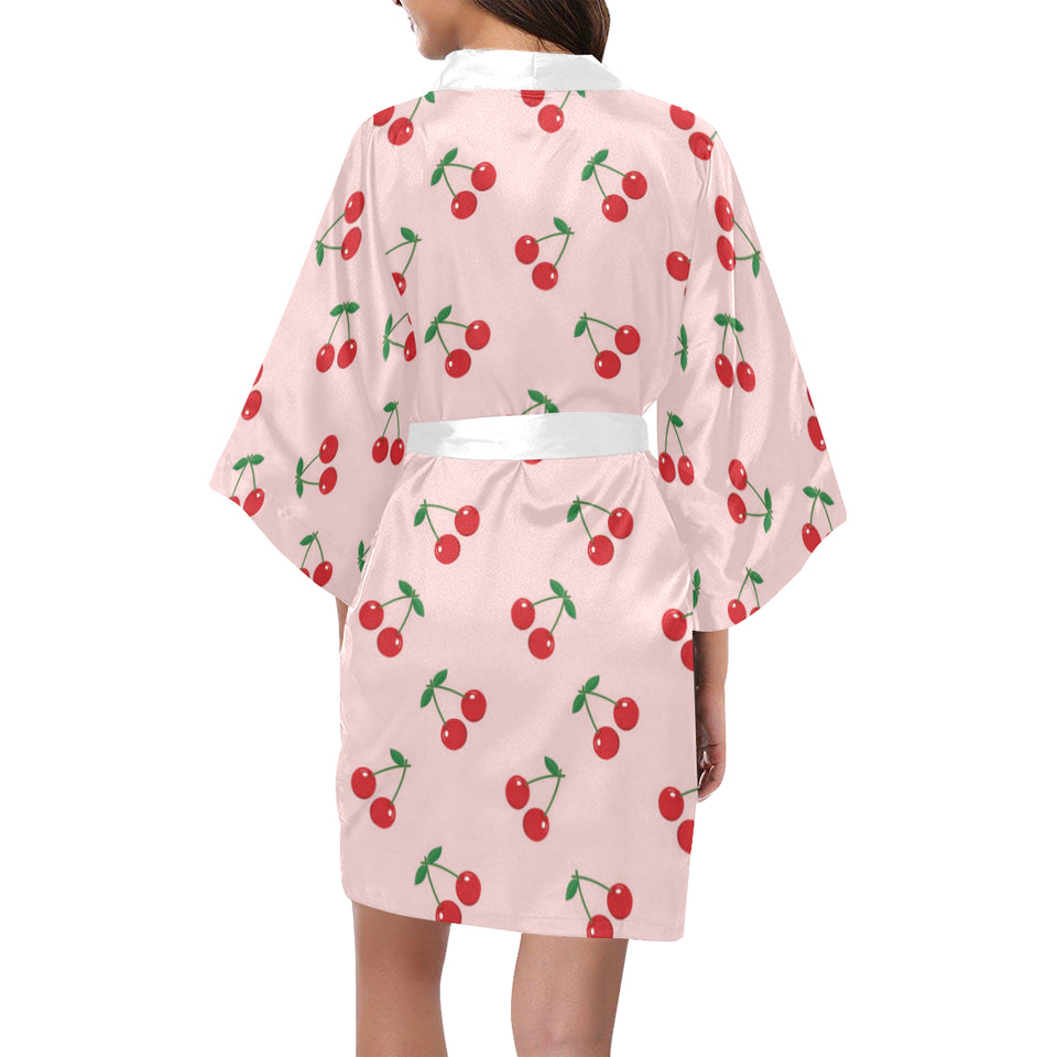 cherry pattern pink background Women's Short Kimono Robe