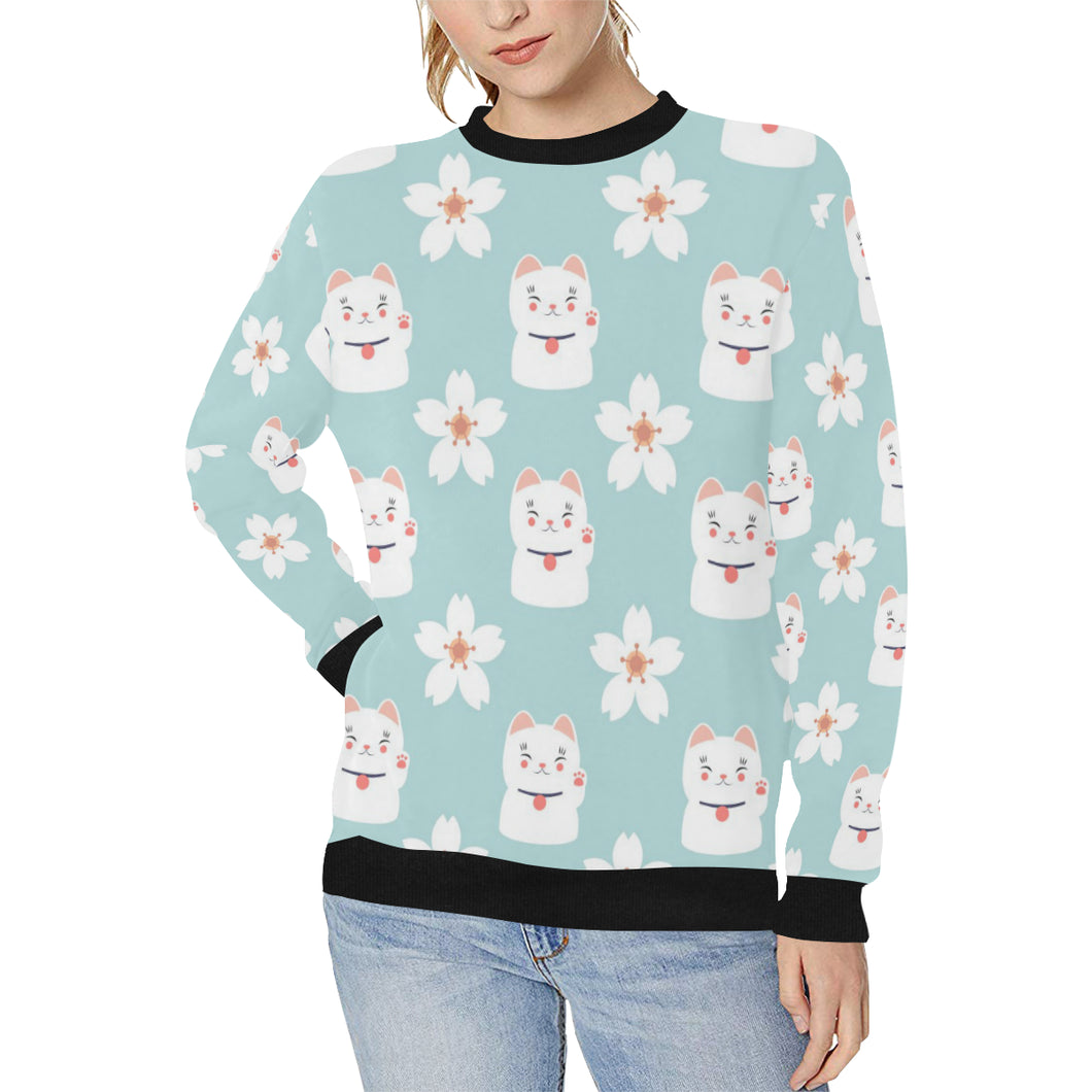 Maneki neko cat sakura Women's Crew Neck Sweatshirt