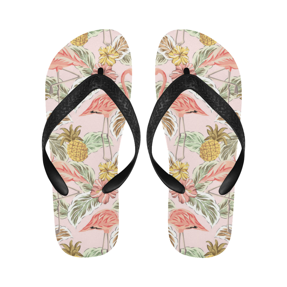 Pink flamingo birds pineapples hibiscus flower pat Unisex Flip Flops