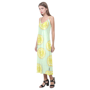 slice of lemon pattern V-Neck Open Fork Long Dress