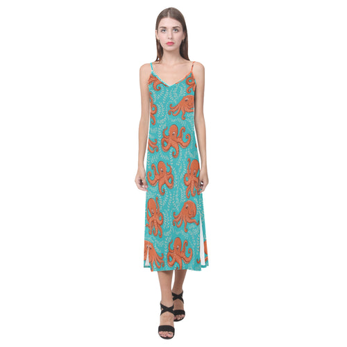 Octopus turquoise background V-Neck Open Fork Long Dress