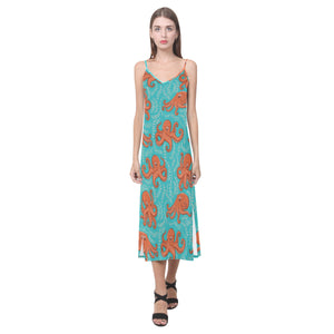 Octopus turquoise background V-Neck Open Fork Long Dress