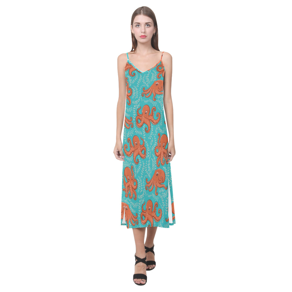 Octopus turquoise background V-Neck Open Fork Long Dress